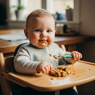8-10 month old baby eating chunky stage 3 baby food in high chair