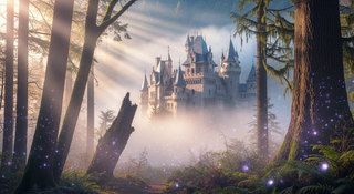 Romantic fantasy aesthetic with misty castle towers and ethereal forest lighting perfect for romantasy baby name inspiration