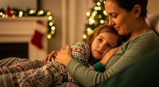 Parent comforting anxious child in holiday pajamas at bedtime