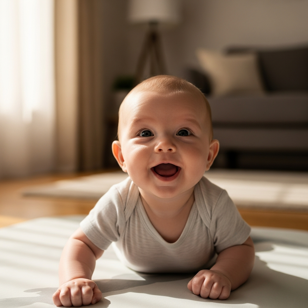 Happy 4 month old baby during tummy time smiling at parent