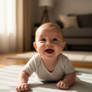 Happy 4 month old baby during tummy time smiling at parent