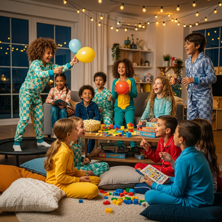 Kids in matching pajamas at fun sleepover party showing social bonding