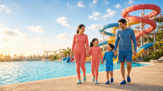 Family of four in matching rash tops and water shoes walking toward colorful slides at an outdoor water park