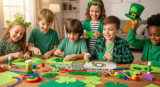 Children creating St. Patrick's Day crafts with shamrocks and rainbow supplies
