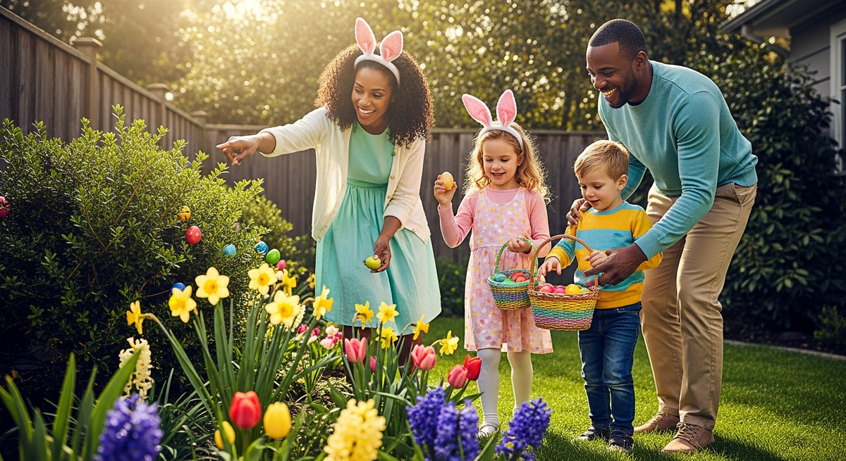 Creative Easter egg hunt ideas for families with children gathering eggs in backyard