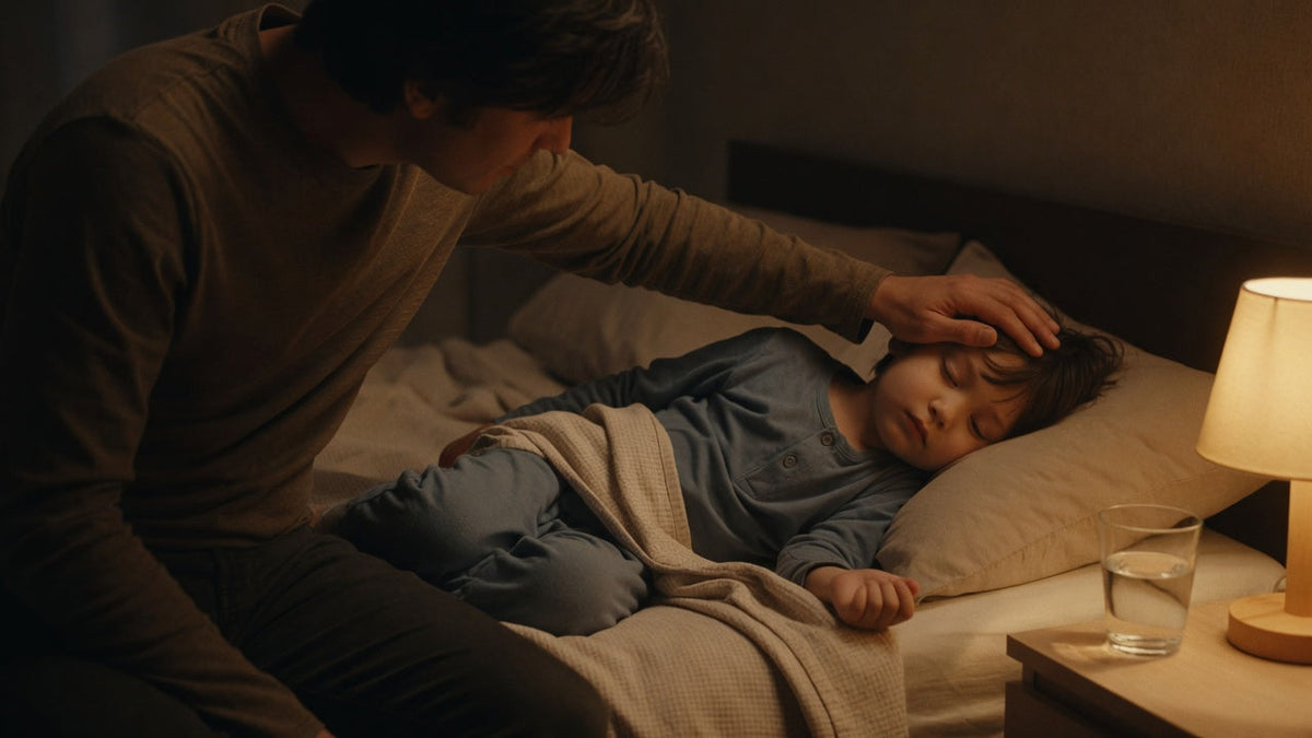 Parent comforting a feverish toddler in the middle of the night