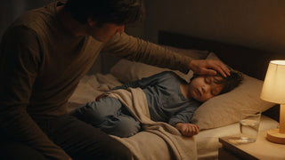 Parent comforting a feverish toddler in the middle of the night