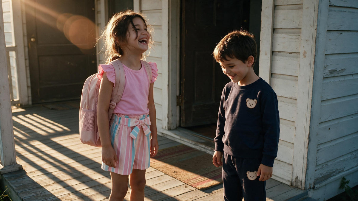 Two kids in comfortable first day of school outfits standing at the front door with backpacks on