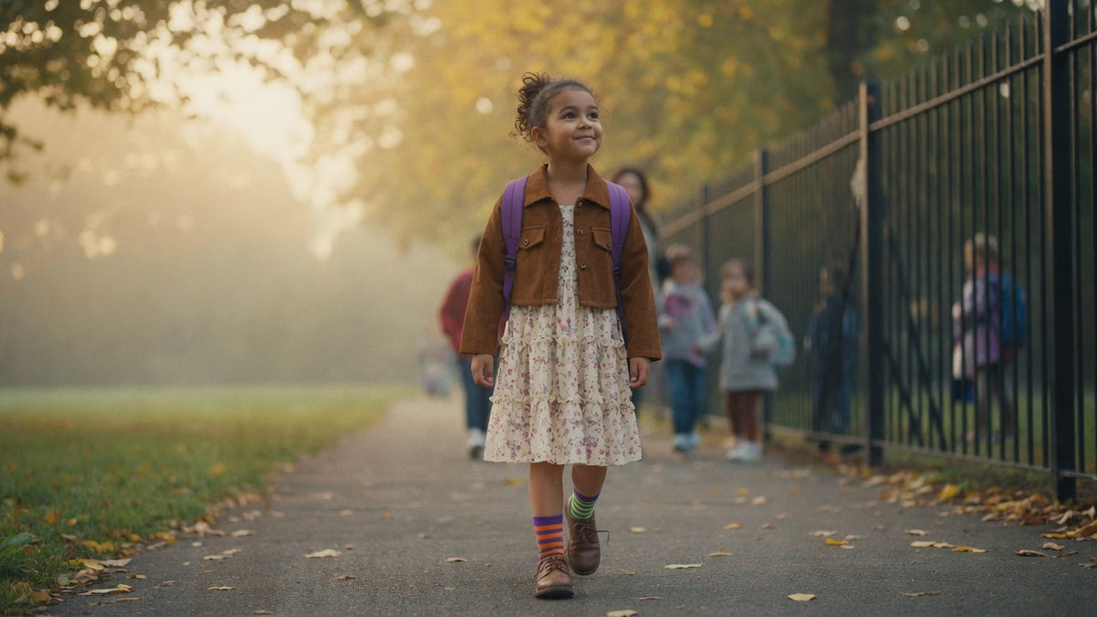 Child on her first day of school in an outfit she chose herself