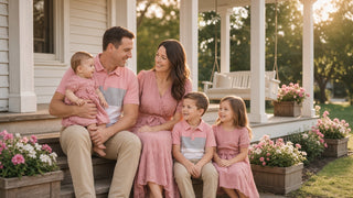 The whole family dressed in coordinated outfits, sits together on the porch steps during the golden hour.