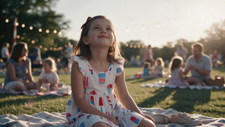 Girl in a stars-and-stripes white dress and red hair ribbon standing on a lawn at golden hour before Fourth of July fireworks