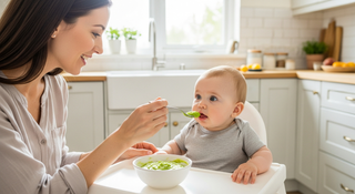 Smooth green bean baby food puree in bowl with fresh green beans