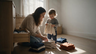 Mother and toddler sorting a neutral capsule wardrobe of folded kids clothes in an open dresser drawer