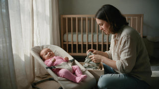 Parent folding baby footed sleepers beside a crib, working out how many baby pajamas are needed