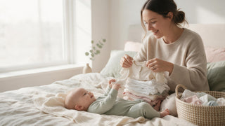Mother folding freshly washed baby clothes by a sunny window while her baby lies beside her