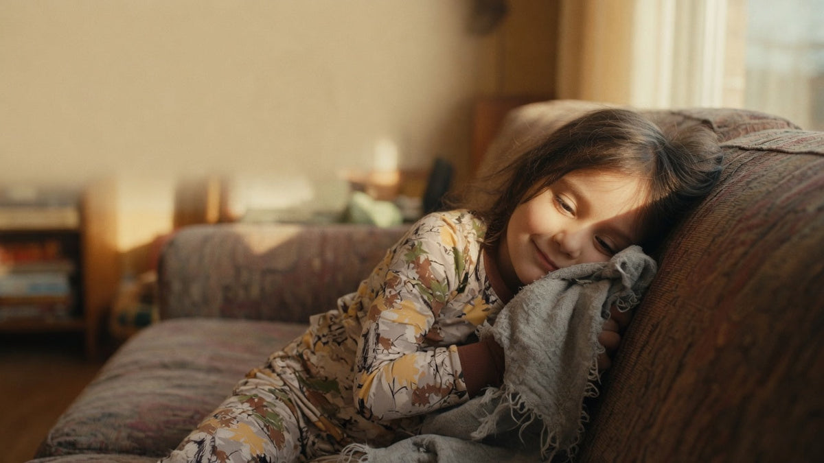 Young child holding a well-loved comfort blanket against her cheek