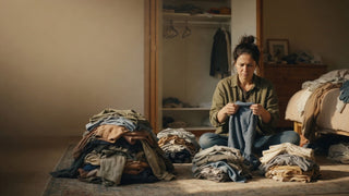 Parent sorting kids' clothes into piles during a wardrobe audit