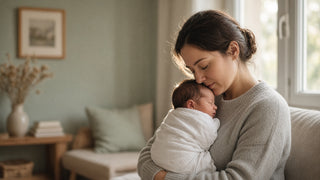 Mother gently holding her sleeping newborn wrapped in a white muslin swaddle by a sunlit window