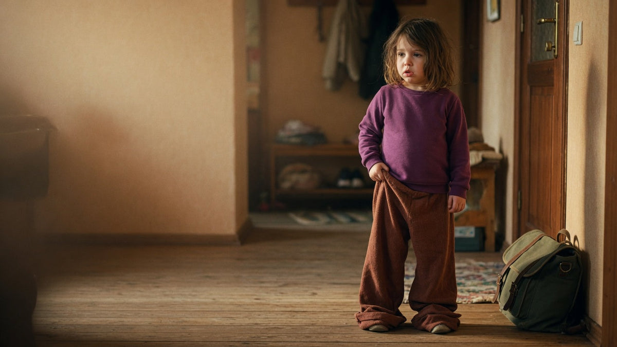 Young child in trousers that are too big, hems dragging and waistband slipping