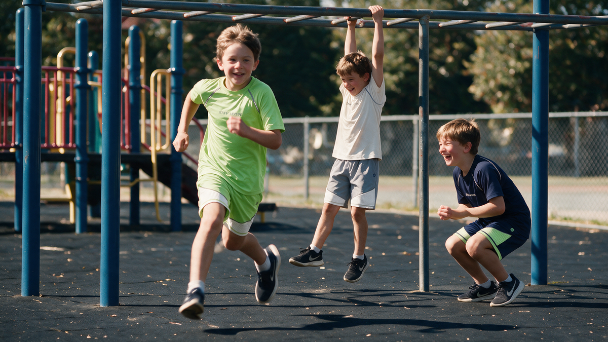 Kids in playground-ready activewear running and climbing at recess — breathable quick-dry tees and shorts for PE and outdoor play