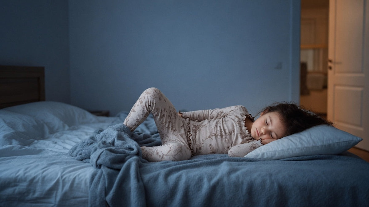 Young child sleeping soundly in soft pajamas during a 60-night sleep test