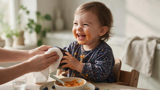 Toddler in a dark printed top eating purée while a parent blots the sleeve with a muslin cloth