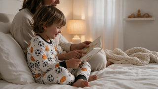 Toddler in snug-fitting bamboo pajamas listening to a bedtime story with a parent in a softly lit nursery