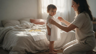 Mother holding a white toddler t-shirt against her child to check if the 3T size is true to size