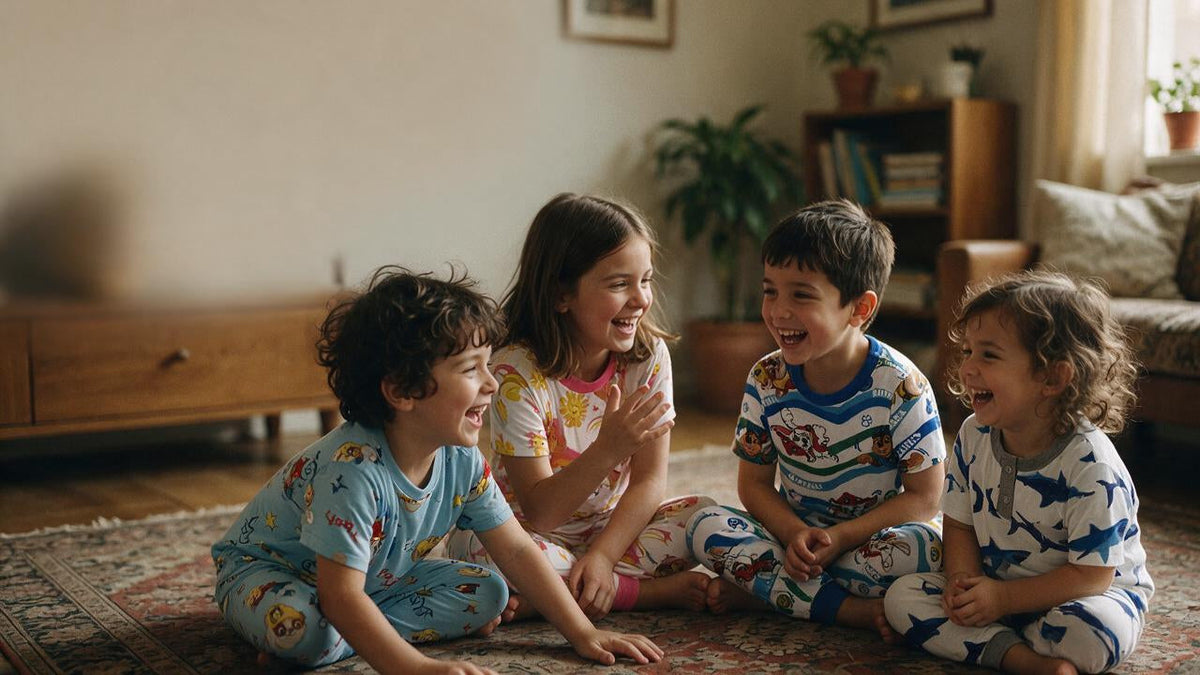 A group of young kids in soft comfy clothes talking and playing, sharing their opinions