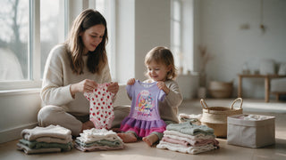 Mother sorting outgrown baby clothes into baskets on the floor with her toddler by a sunny window