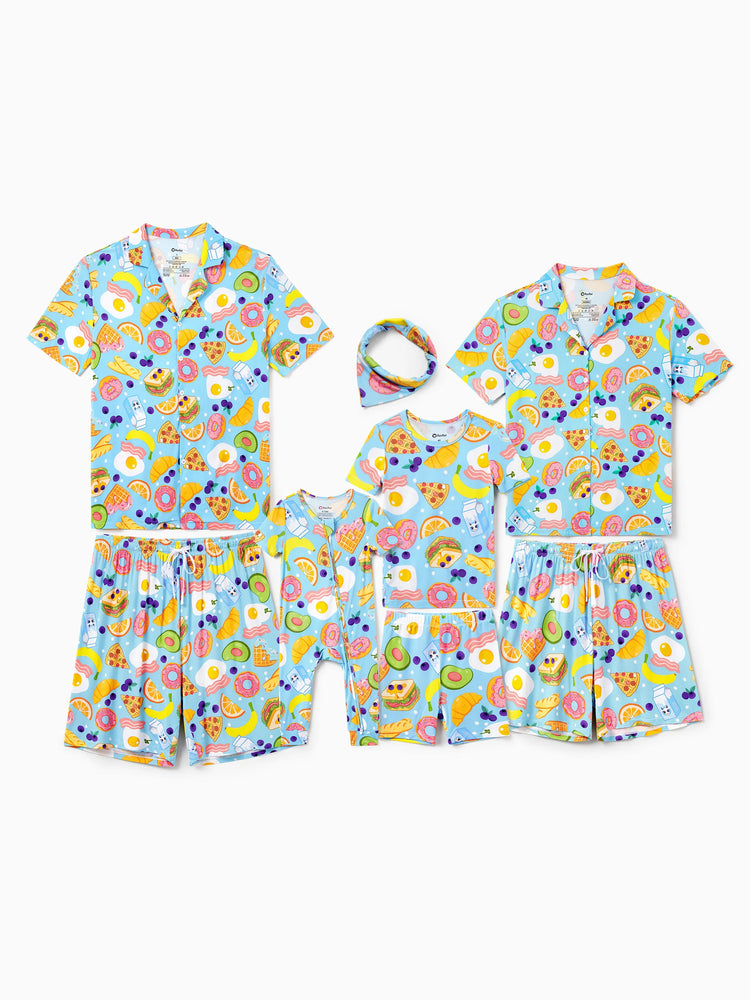 Family Matching Bamboo Pajamas Soft Bamboo Viscose PJs for Men Women Kids Toddler, Fun Food & Fruit Print Short-sleeve Sleepwear Blue