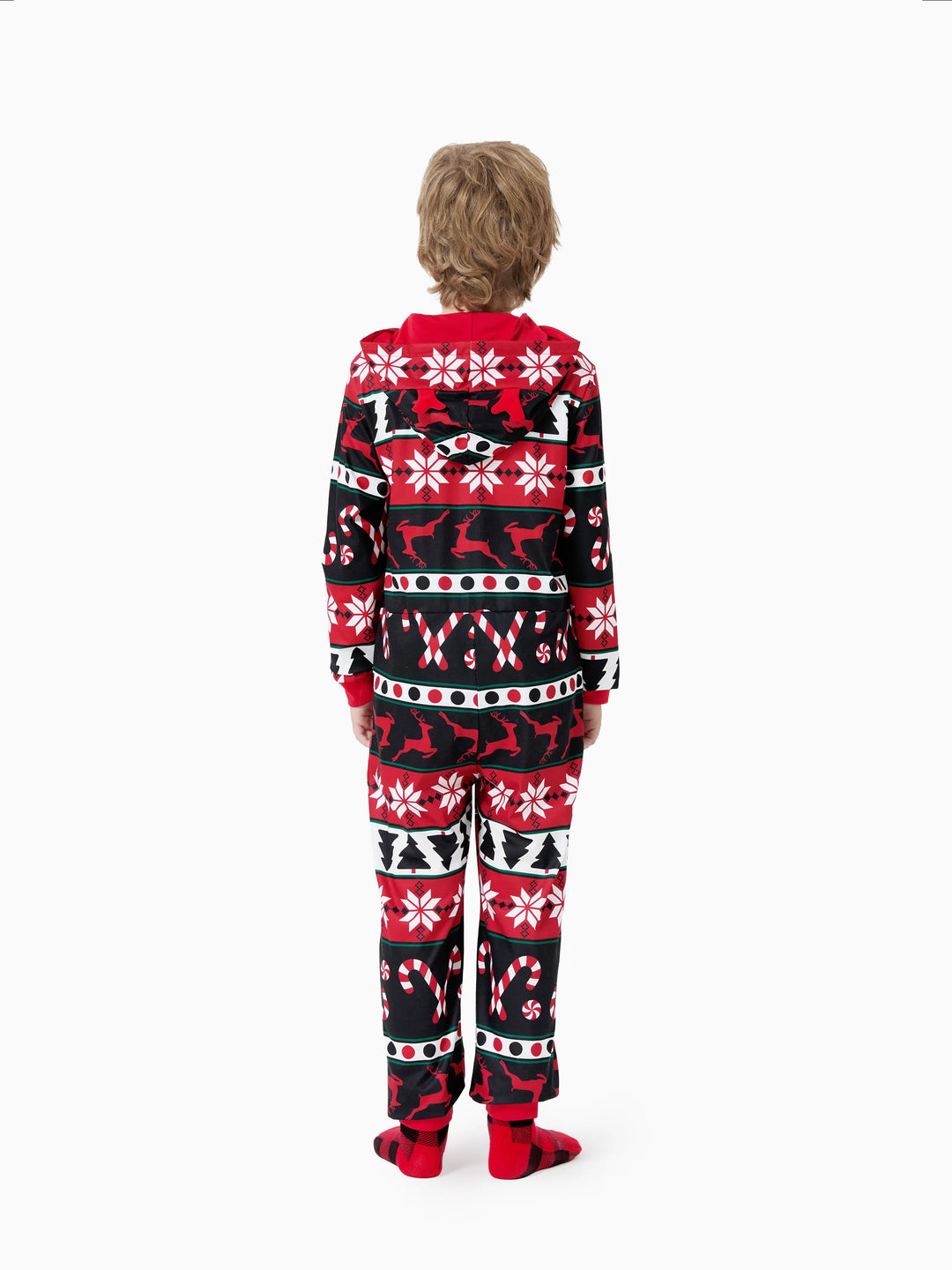 Pyjama de Noël à capuche et fermeture éclair, motif renne 3D, tenues familiales assorties, rouge/noir