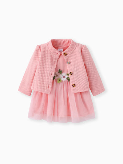 2pcs Baby Girl Buttons Front Long-sleeve Textured Jacket and Floral Decor Mesh Panel Tank Dress Set Pink