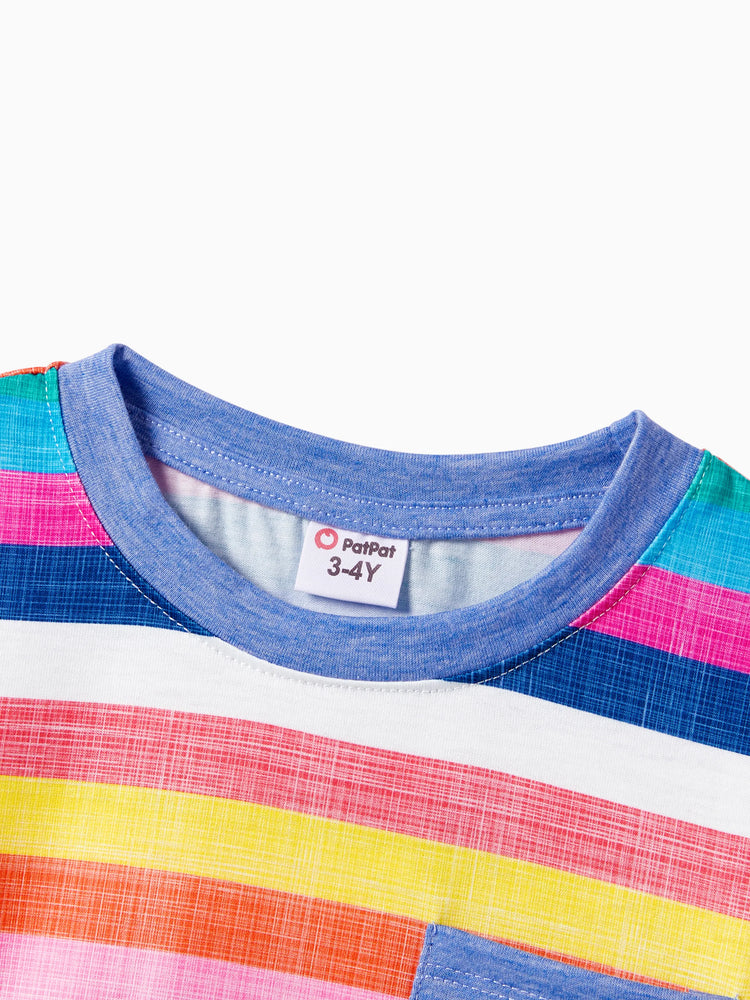 Family Matching Multi-Color Stripe T-shirt and Ruffle Hem Button Strap Dress Sets COLOREDSTRIPES