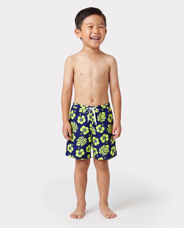 Toddler Boy Tropical Floral Swim Trunks Set Deep Blue