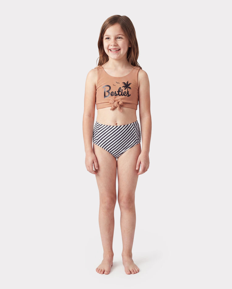 Bikini crop top con tirantes y cordón para niña pequeña con rayas verticales y estampado Besties caqui