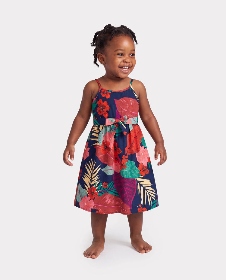Toddler/Kid Girl Sets Floral V-neck Strap Dress with Hidden Snap Deep Blue