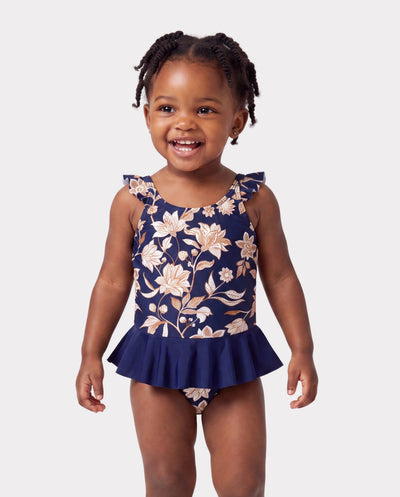Toddler Girl Floral Print Swimsuits 2-in-1 One-Piece Swimsuit Deep Blue