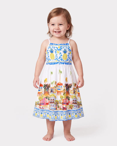 Kleinkind-/Kinder-Mädchen Urlaubskleid mit tropischem Ananas-Kokospalmen-Muster, ausgeschnittenem Trägerkleid für Sommerurlaub Weiß