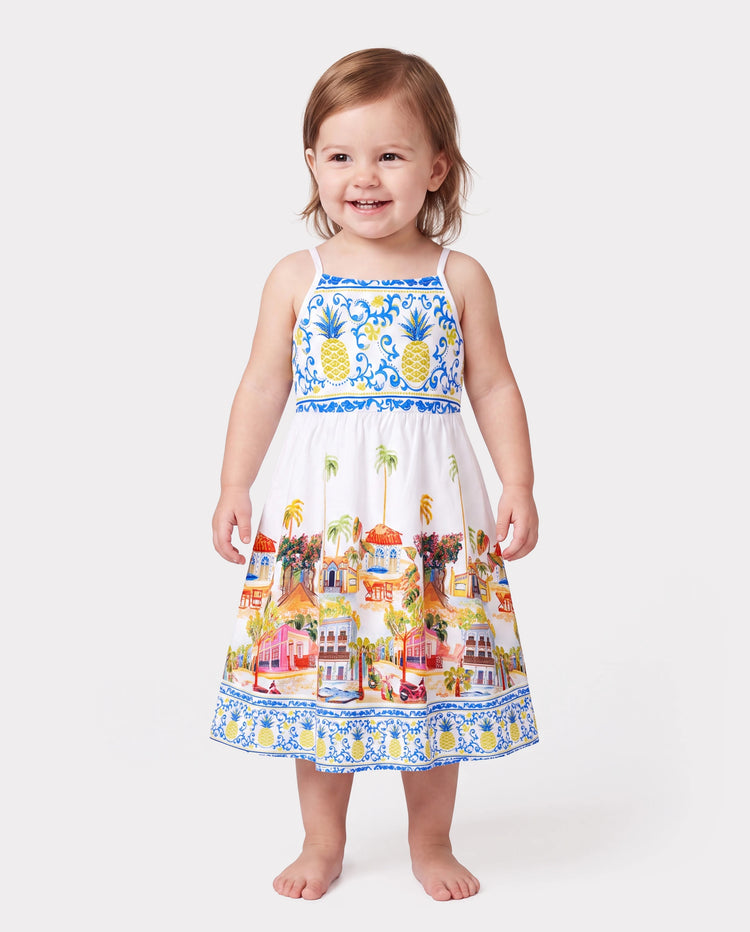 Toddler/Kid Girl Vacation Tropical Pineapple Coconut Tree Print Hollow out Strap Dress for Summer Vacation  White