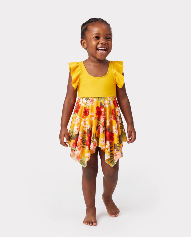 Toddler Girl Floral Drawstring Flowy Spliced Mesh Swim Dress with Triangle Swim Bottom Yellow