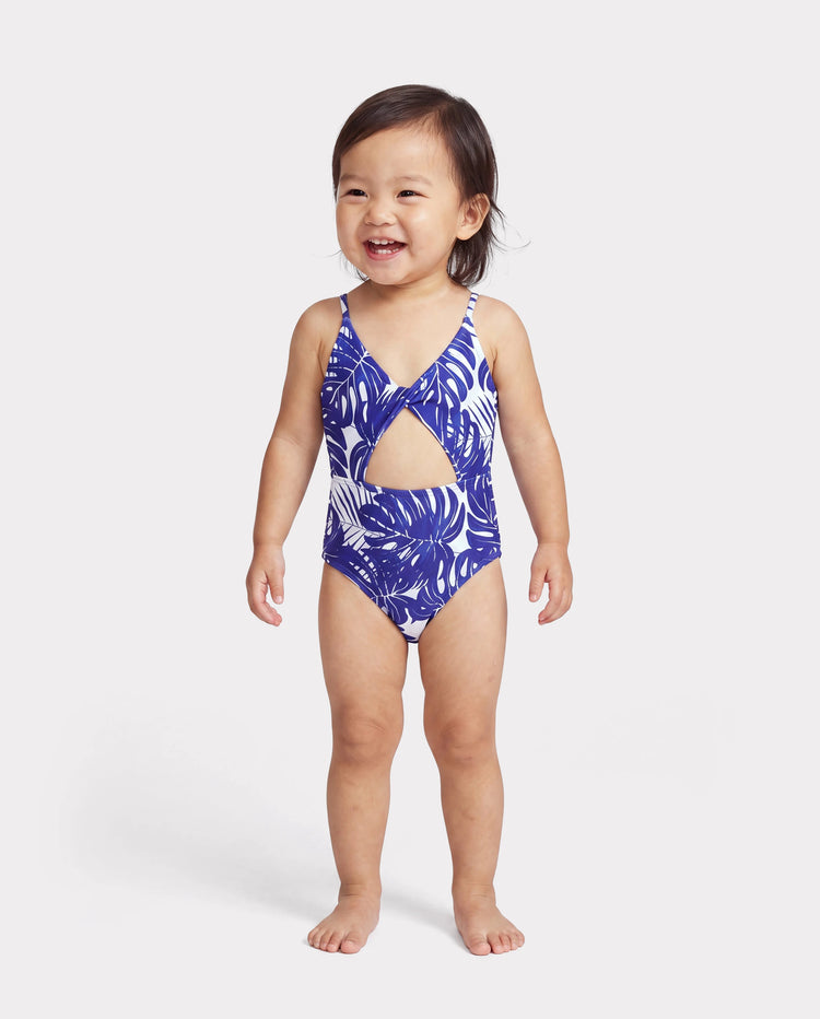 Toddler Girl Tropical Leaf Print Hollow-out Crisscross Straps One-piece Swimsuit Blue