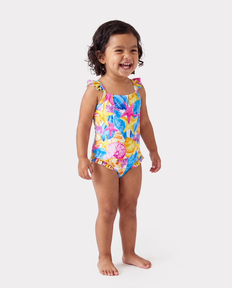 Toddler Girl Seashell & Starfish Print Swimsuits Ruched One-Piece & Swim Trunks Set Multi-color