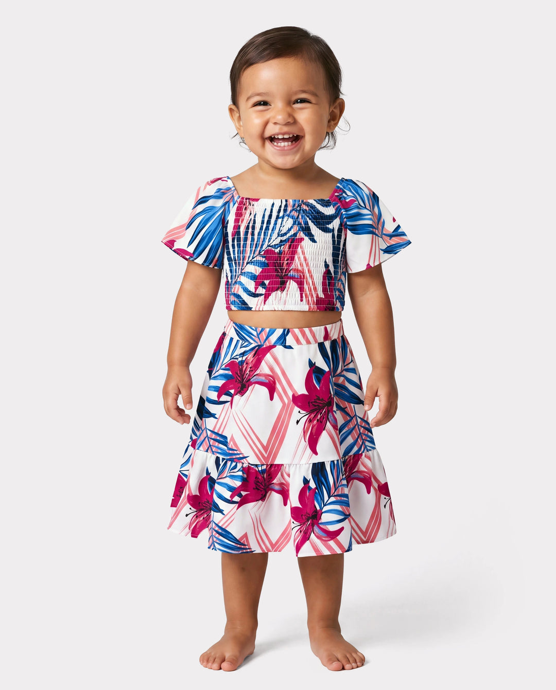 Tropical Floral Toddler/Kid Girl Outfits Pink Blue Leaf Print Short-sleeve Shirt or One Shoulder Smocked top and Skirt Co-ord Set for Vacation, Cruise, Beach White