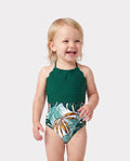 Toddler Girl Allover Plants Print Spaghetti Strap Splicing One-Piece Swimsuit Dark Green