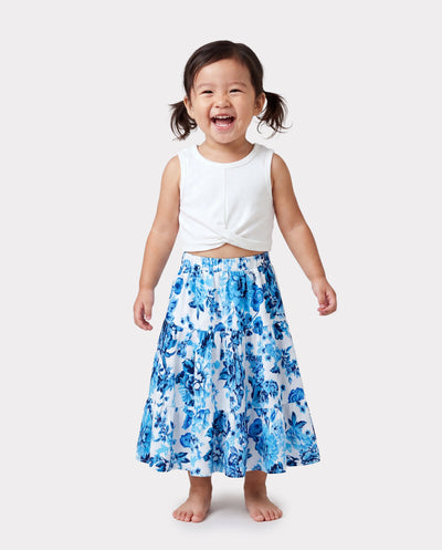 Toddler/Kid Girl Outfits White Camisole Top and Blue Floral Print Skirt Co-ord Set Blue