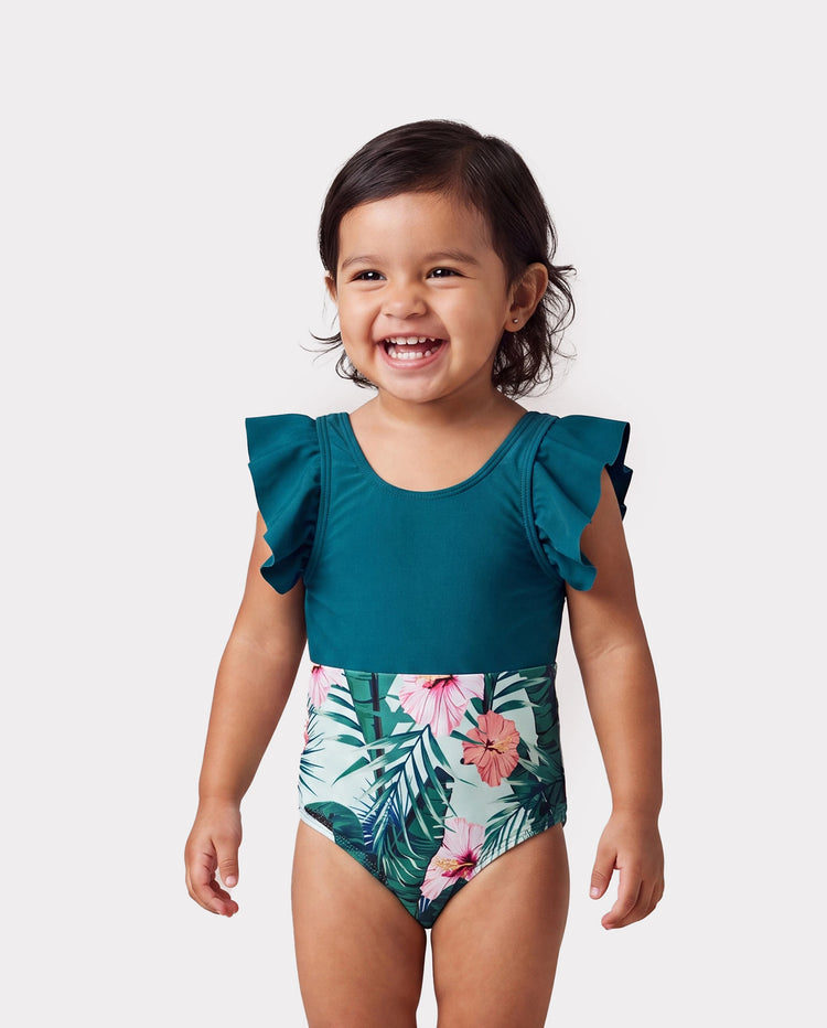 Toddler Girl Plant Print Ruffle Trim Spliced One-piece Swimsuit or Swim Trunks Green