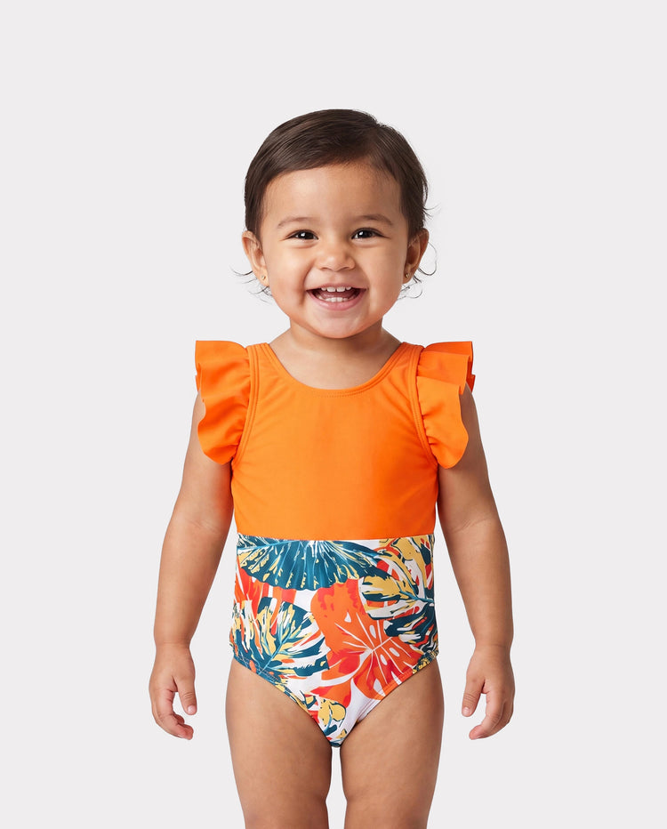 Toddler Girl Orange and All Over Tropical Plant Print Splicing Ruffle One-Piece Swimsuit Orange color