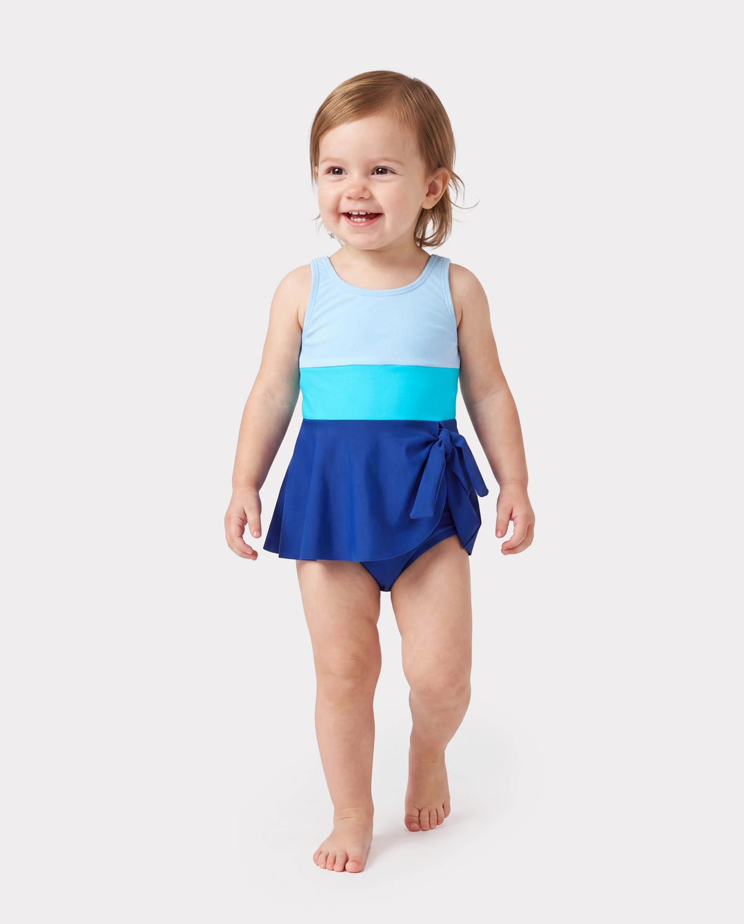 Toddler Girl Color Block Swimsuits One Shoulder Swim Dress Blue