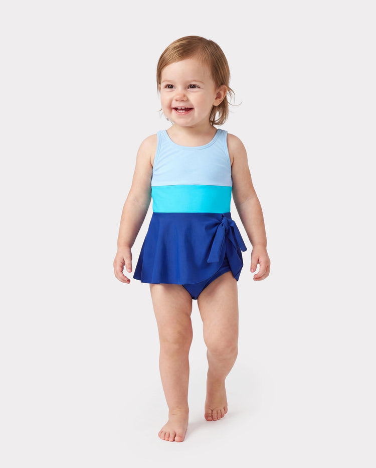 Toddler Girl Color Block Swimsuits One Shoulder Swim Dress Blue